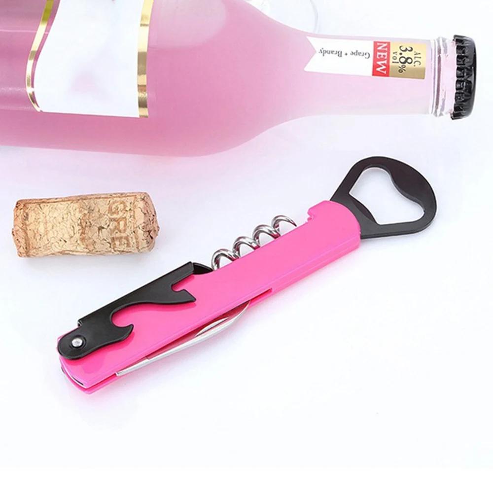 

1Pcs Steel Metal With Plastic Handle Home Party Multifunctional Wine Opener Beer Bottle Cap Opener Corkscrew Corkscrew Stainless розовый
