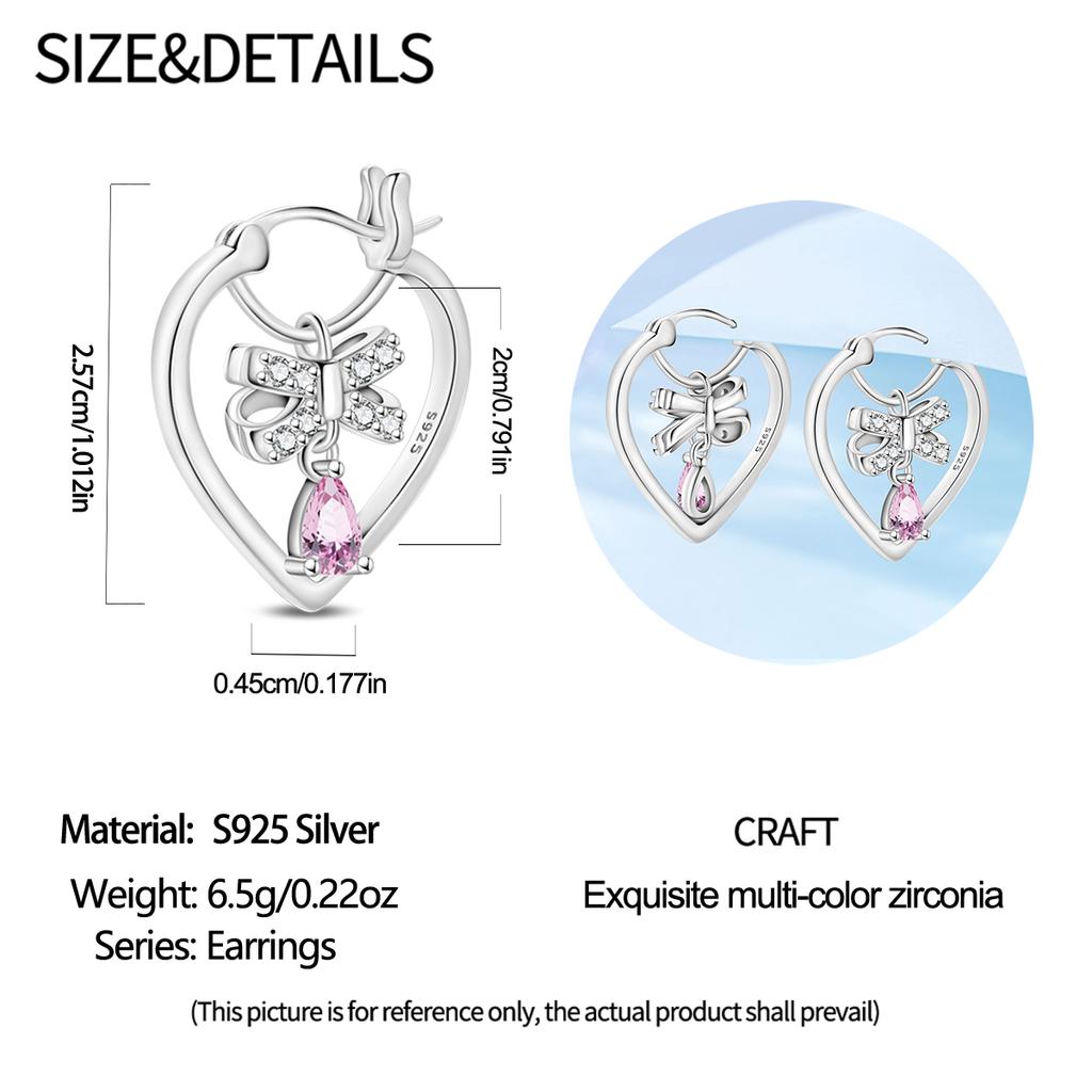 Butterfly Earrings Original 925 Silver Pink Bow Heart Zircon Star Flower Stud Earrings Women Jewelry Gift Love Valentine Day Set