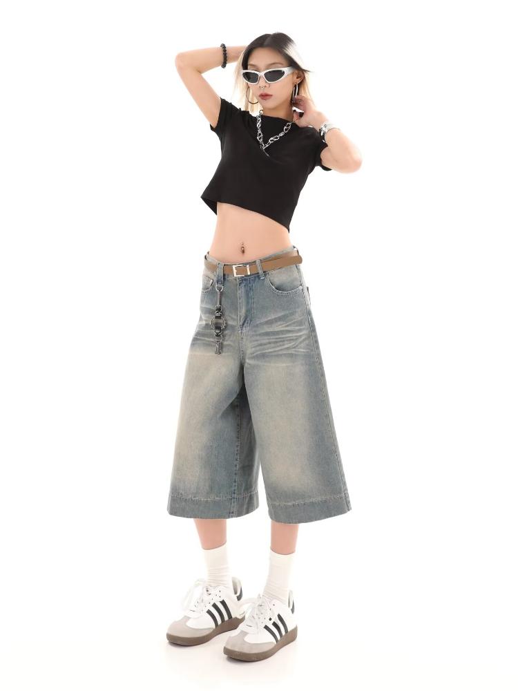 Cat Whisker textura Retro džínové šortky Ženy Americký styl Vintage Široké nohavice Street Summer Dámské Retro Volné krátké džíny s vysokým pasem Y2k