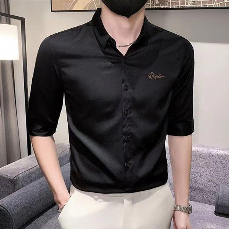 Summer Elastic Embroidered Thin Shirt for Men Slim Korean Style Youth 7-quarter Sleeve Casual Business Professional White Shirt