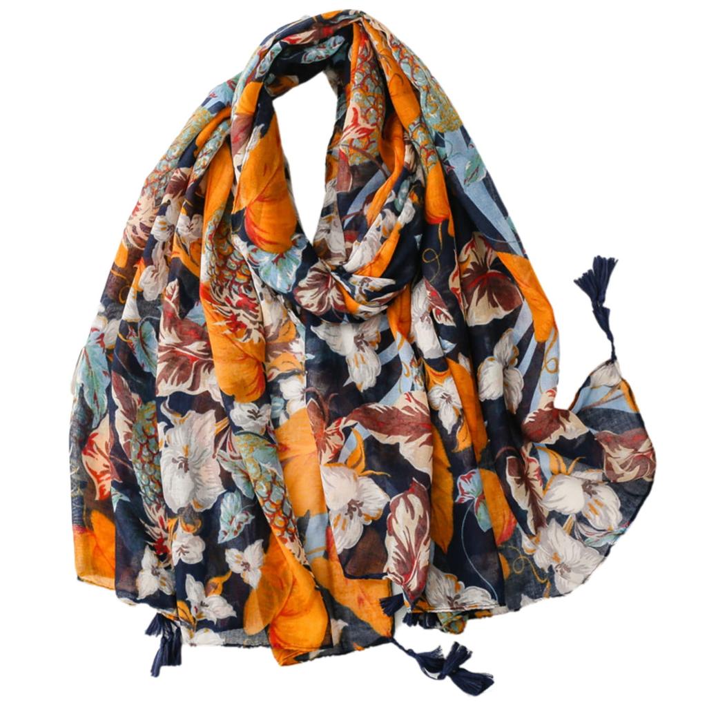Tropical Scarf with Pineapples and Flowers on a Navy Blue Background 180X90 - Cotton with Viscose