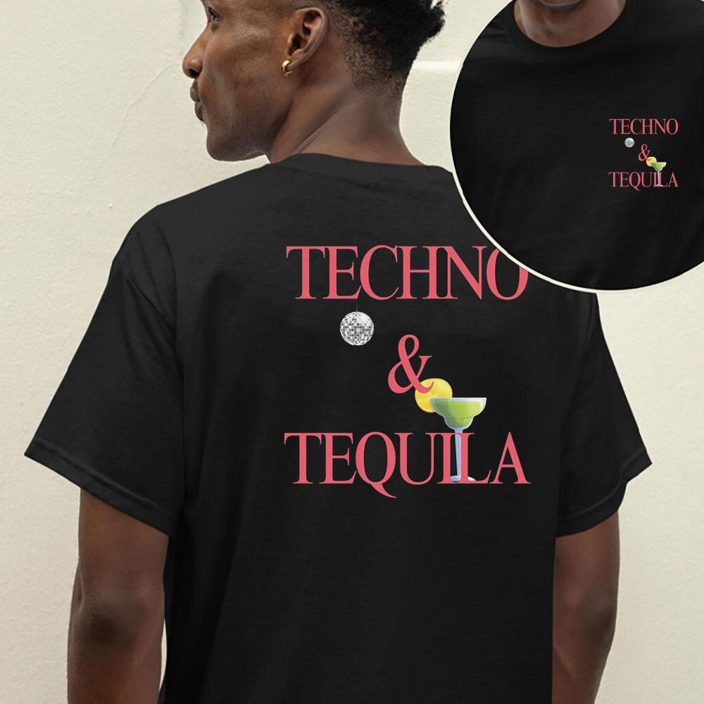 Men Women Cotton Shirt Techno and Tequila Rave House Techno Festival Unisex T Shirt Perfect Gift for Music Lovers Music Gift Top S разноцветный