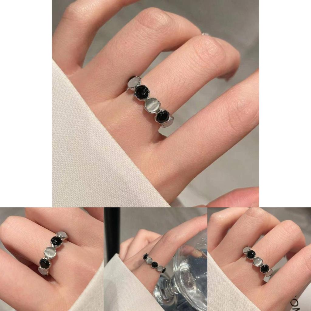 Open Fashionforward Adjustable Cat Eye Stone Ring For Women In Black And White