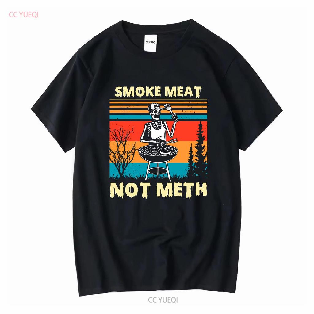 Funny BBQ Skeleton With A Hot Dog Smoke Meat Not Meth Master T Shirt long or short sleeves vintage Washed Top For Everyday Wear