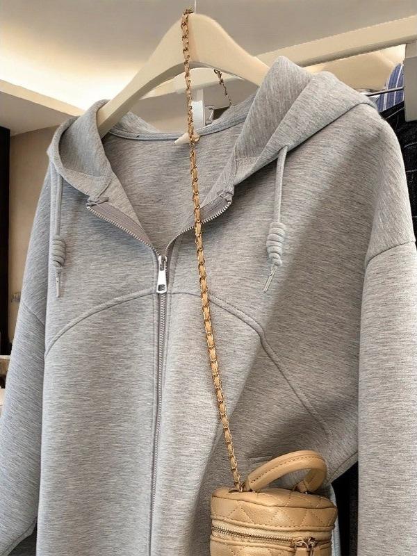 Plus Size Grey Hoodie Cardigan - Korean Style, Casual & Loose for Spring/Fall