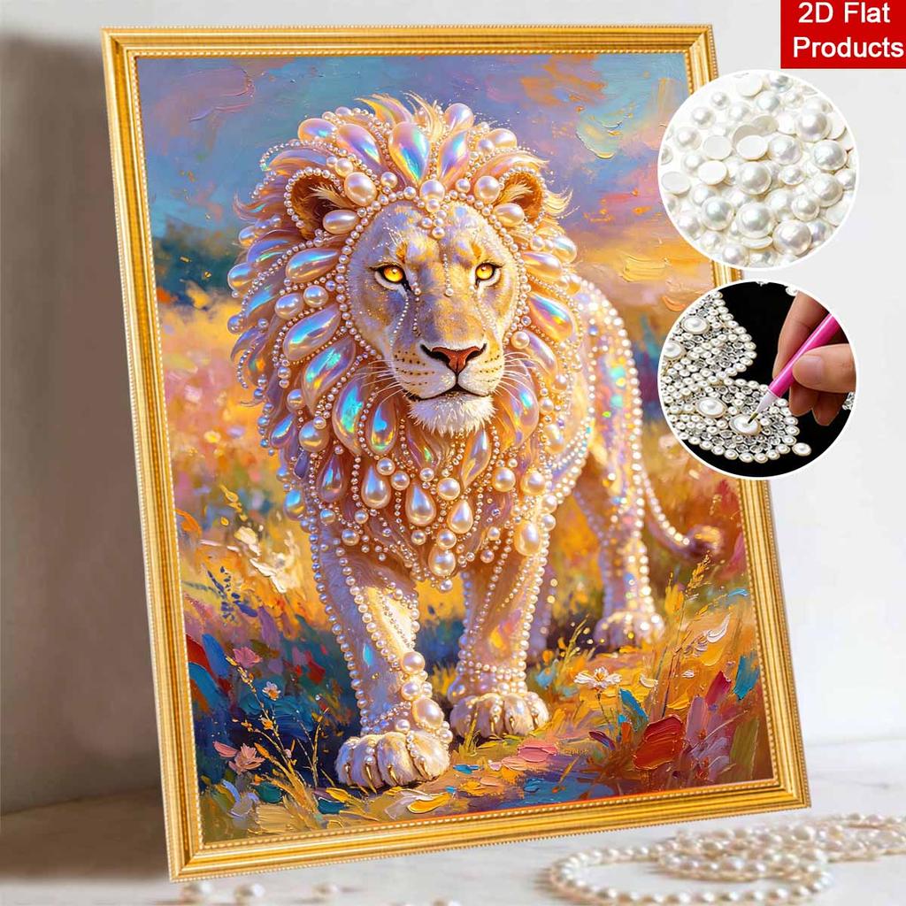 Pearl painting kit, 5D pearl shaped diamond majestic lion painting kit suitable for home living room, bedroom, study room and wall art gifts