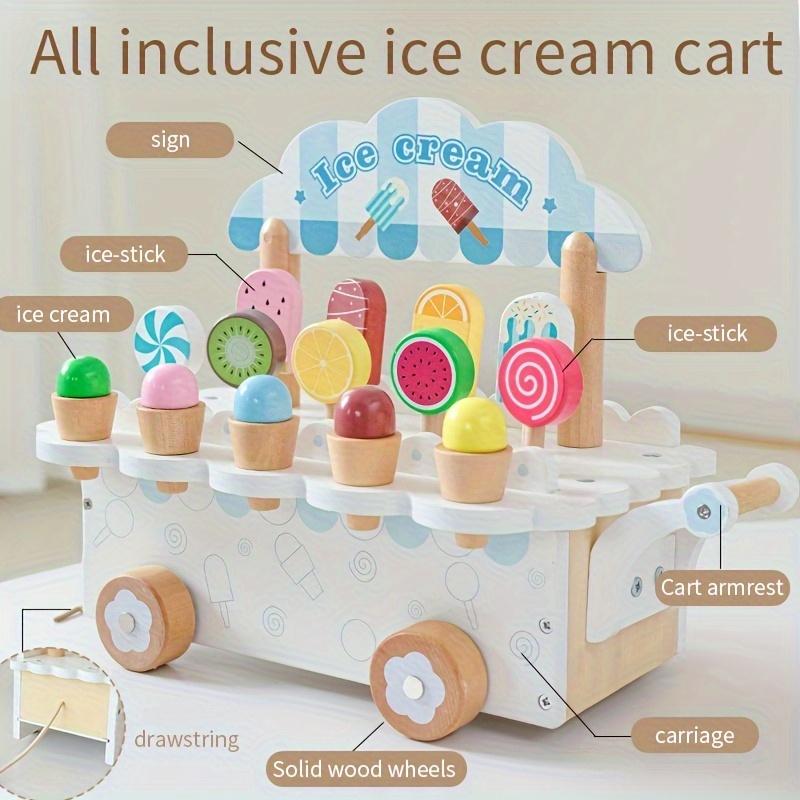 Wooden Pretend Play Ice Cream Truck, Dessert Shop Role Playing Toy Photography Props, Game Room Decorations,8 Ice Cream Stands and 4 Accessories,
