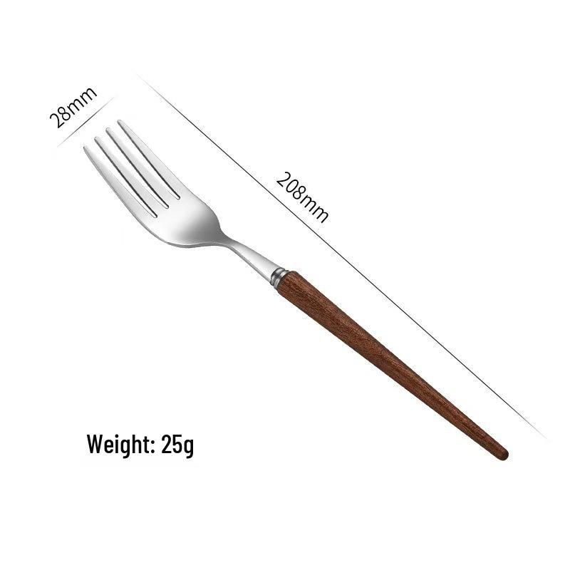 4-Piece High-End Stainless Steel Cutlery Set with Wooden Handles: Includes Knife, Fork, Spoon, and Teaspoon for Western Cuisine.