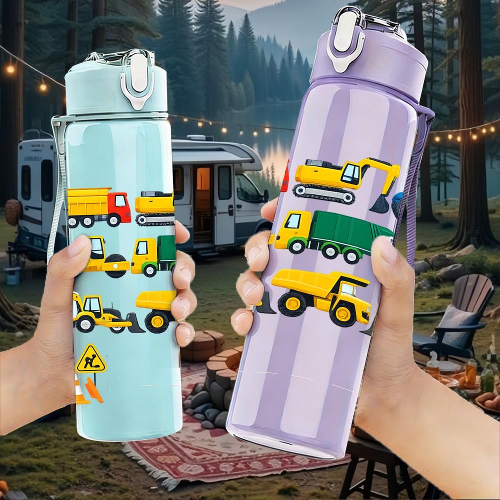 1PC Color Toy Truck Collection Print 750ml Color Plastic Sports Water Bottle Leakproof Flip Straw Lid Suitable for Sports Office Home Use