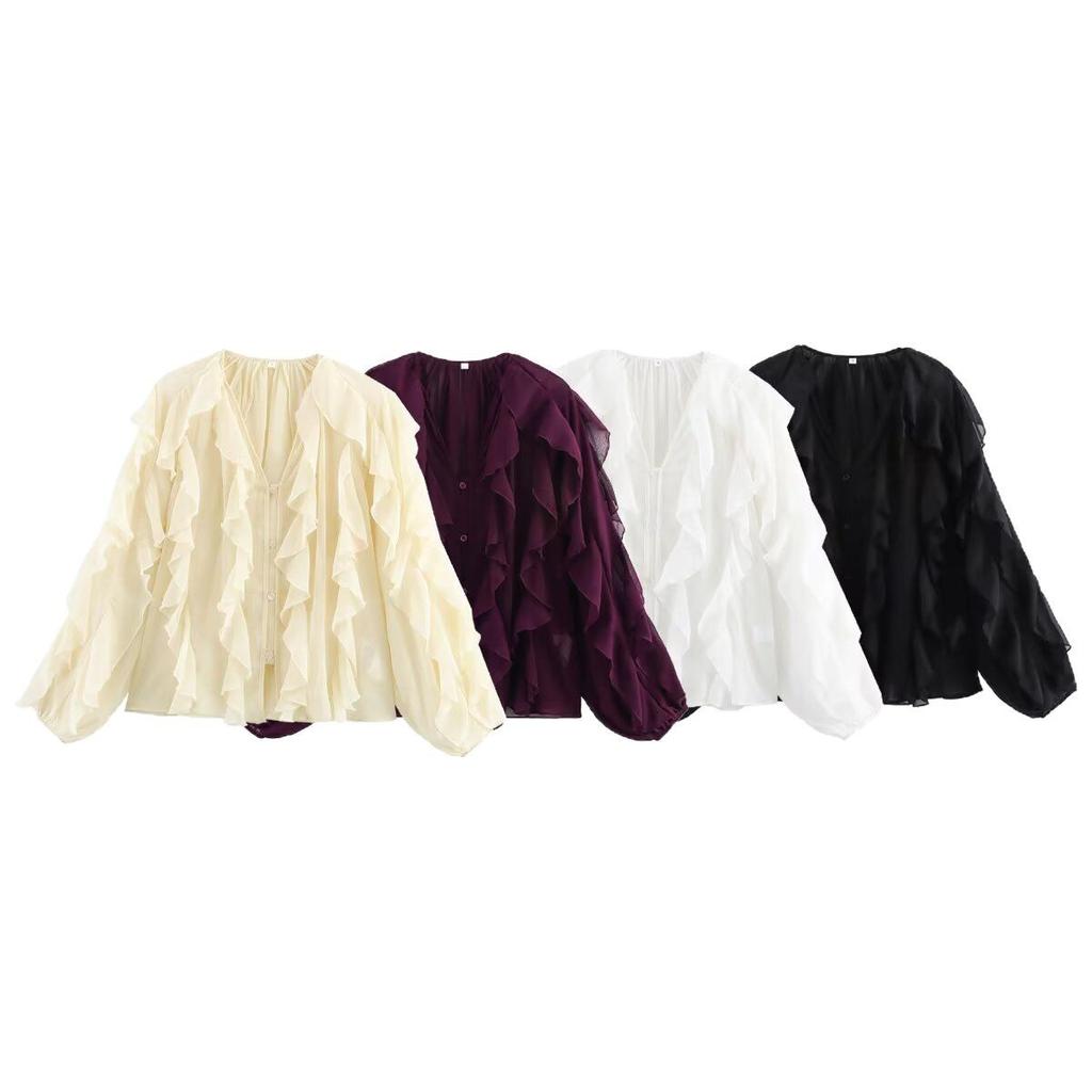 A New and Fashionable Women's Dress with A Layered Decorative Ruffled V-neck Long-sleeved Shirt