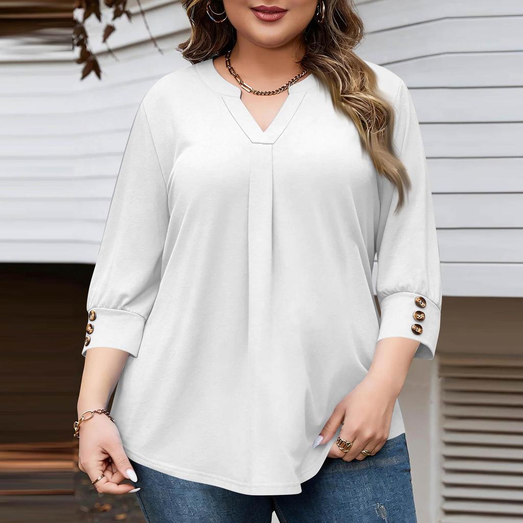 Women's Fashionable Casual Plus-Size V-Neck Button-Down Short-Sleeve Top