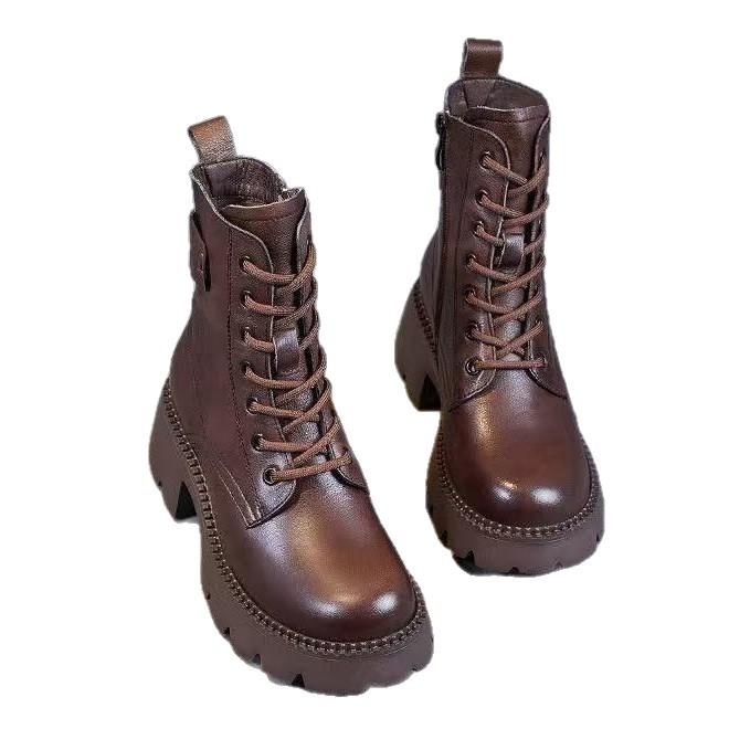 Leather Single Boots Autumn and Winter Velvet Versatile Soft-soled Martin Boots High Heel Small Boots Boots Women