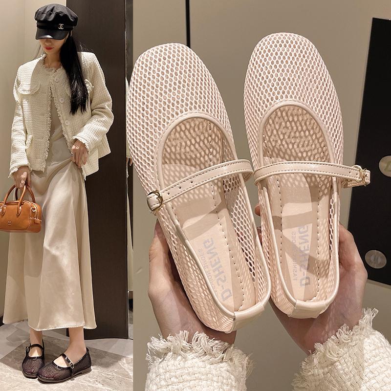 Fashion Mesh Mary Jane Shoes for Women 2024 Spring New Niche Round Toe Shallow Mouth Flat Ballet Shoes  Women Sandals