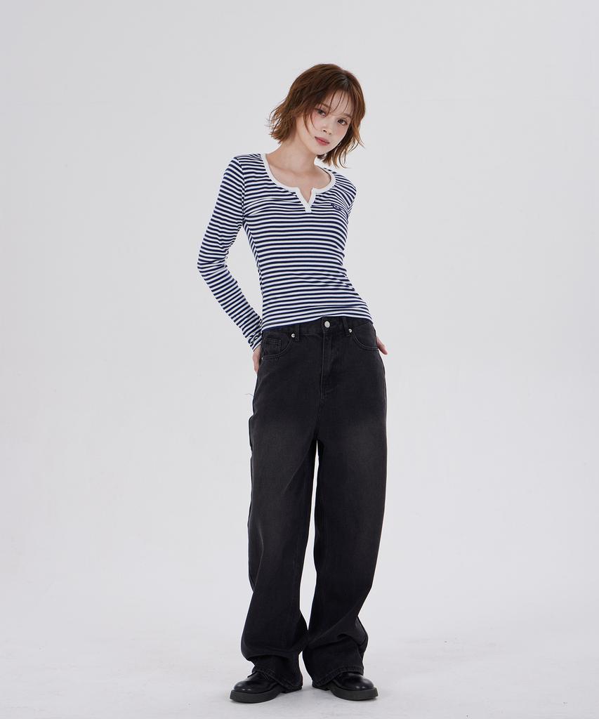 DYSFUNCT Stripe Round Embraider T-Shirt(Navy)