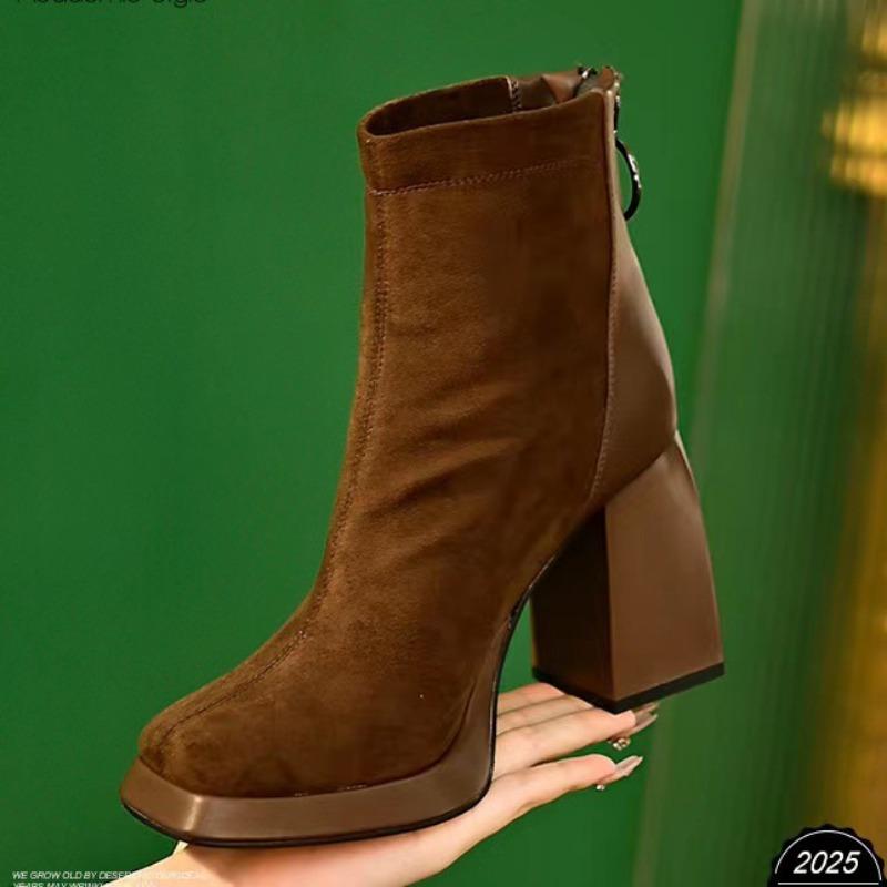 Platform Short Boots for Women 2024 Autumn New Fashion Casual Square Toe Chunky Heels Women Shoes All-match Square Toe Boots