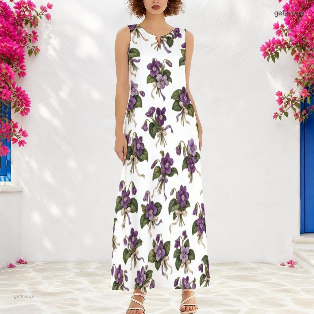 Women Plus Size Notch Neck Sleeveless Floral Printed A Line White Maxi Dress