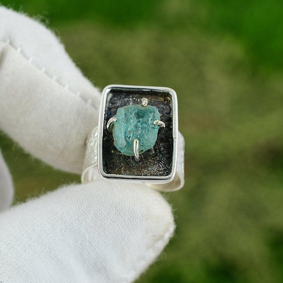 Gift For Her Natural Aquamarine Rough Solitaire Adjustable Ring 925 Silver
