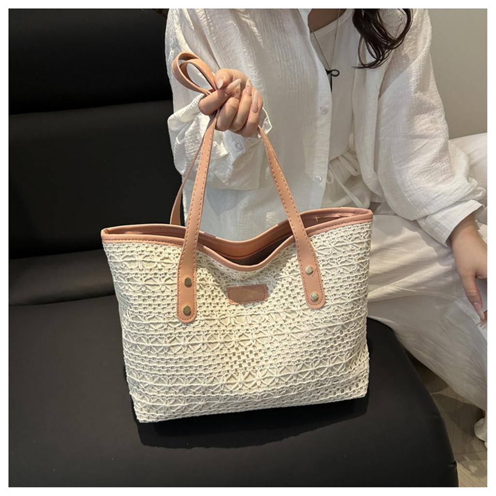 Frisches Temperament Modedesign Ozeanisches Colorblocking Strohstruktur Einzelne Schulter Achseltasche Damen