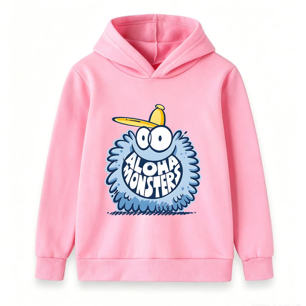 Kids Boys Girls Crewneck Hoodie, Cute Fuzzy Cartoon Monster Aloha Print Casual Long Sleeve Pullover Sweatshirt, Cozy Lightweight Tops For