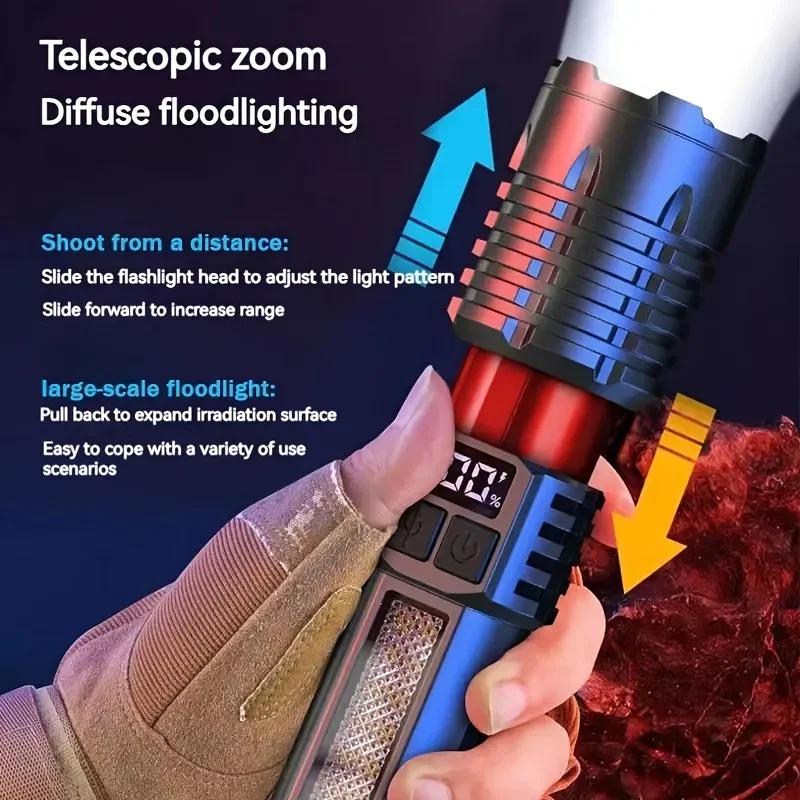 Portable Zoom Torch High Power LED Flashlight Type-C Rechargeable Waterproof Light with COB Side Lamp for Outdoor Camping Hiking