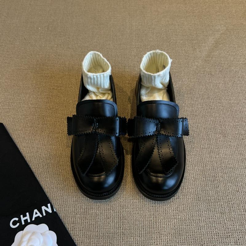 Cowhide Version~ Round Head Bow One Pedal Retro College Single Shoes Low Heel Small Leather Shoes Women