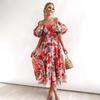 New European and American, Popular Square Neck Lantern Sleeves High Waist One-word Shoulder Dress Loose and Long
