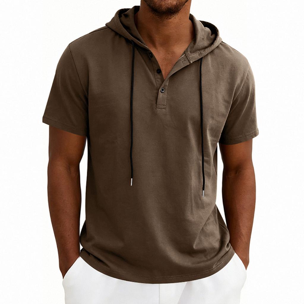 Men’s Short Sleeve Hooded T Shirt with Button Placket Casual Pullover Lightweight Drawstring Hoodie Top for Everyday Wear