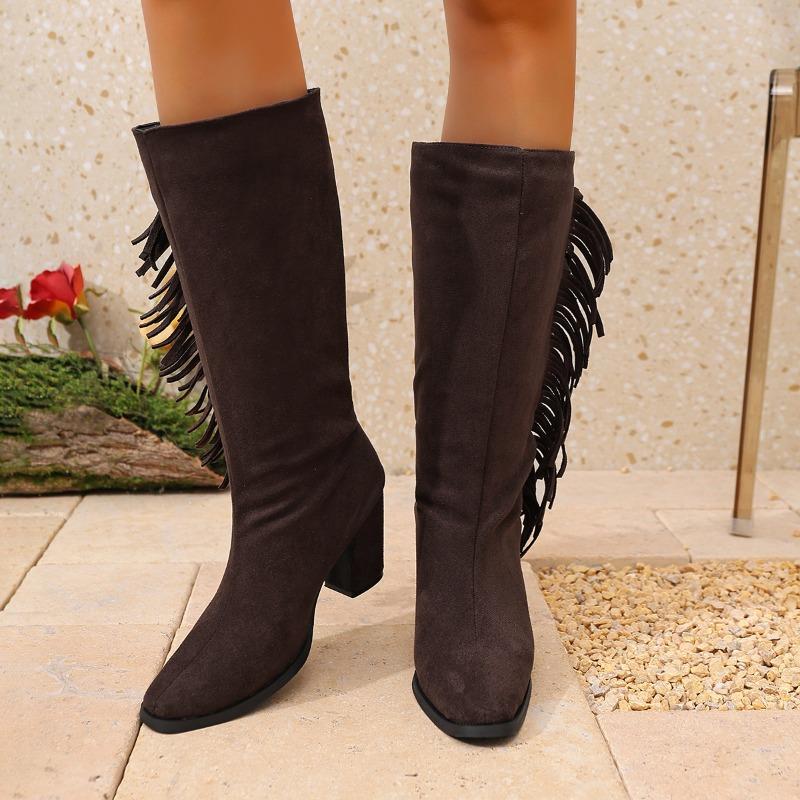 Tassel Block Heel Tall Boots Fashion Round Toe Side Zip Non-Slip High Heel Shoes for Women