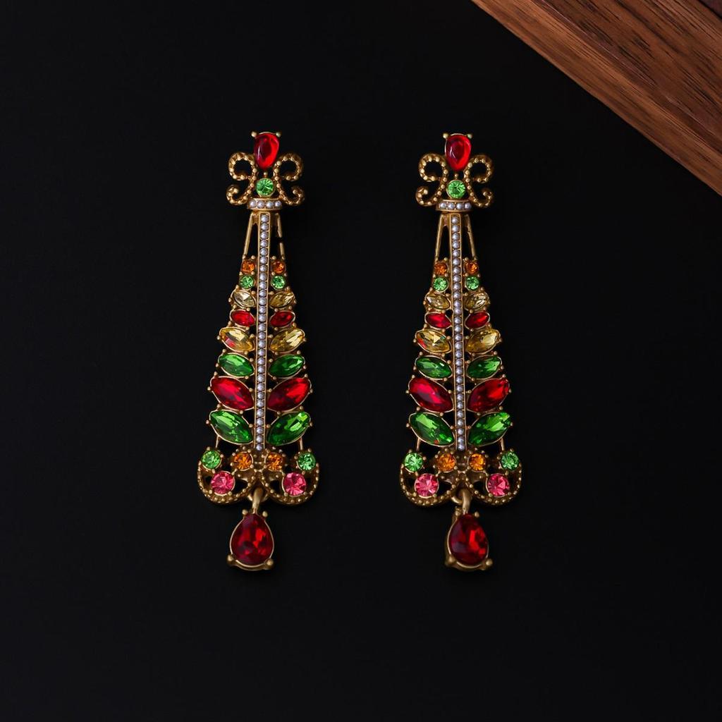 Colorful Rhinestone Christmas Tree Studs: Elegant Vintage Crystal Dangle Earrings