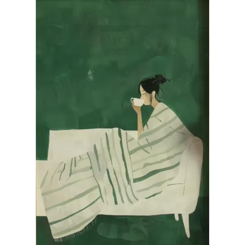 Nordischer Stil Smaragdgrüne Streifen Lässiges Mädchen Leinwand Wandkunst Moderne Abstrakte Weibliche Minimalistische Poster für Heimdekoration