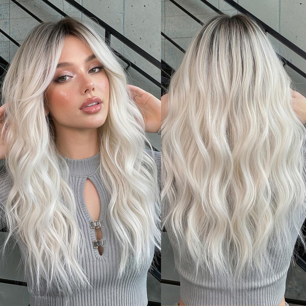 European And American Wind And Wind Gradually Change Platinum Long Curly Hair Wig Eight-Character Bangs Fluffy Natural High Temperature Silk Material