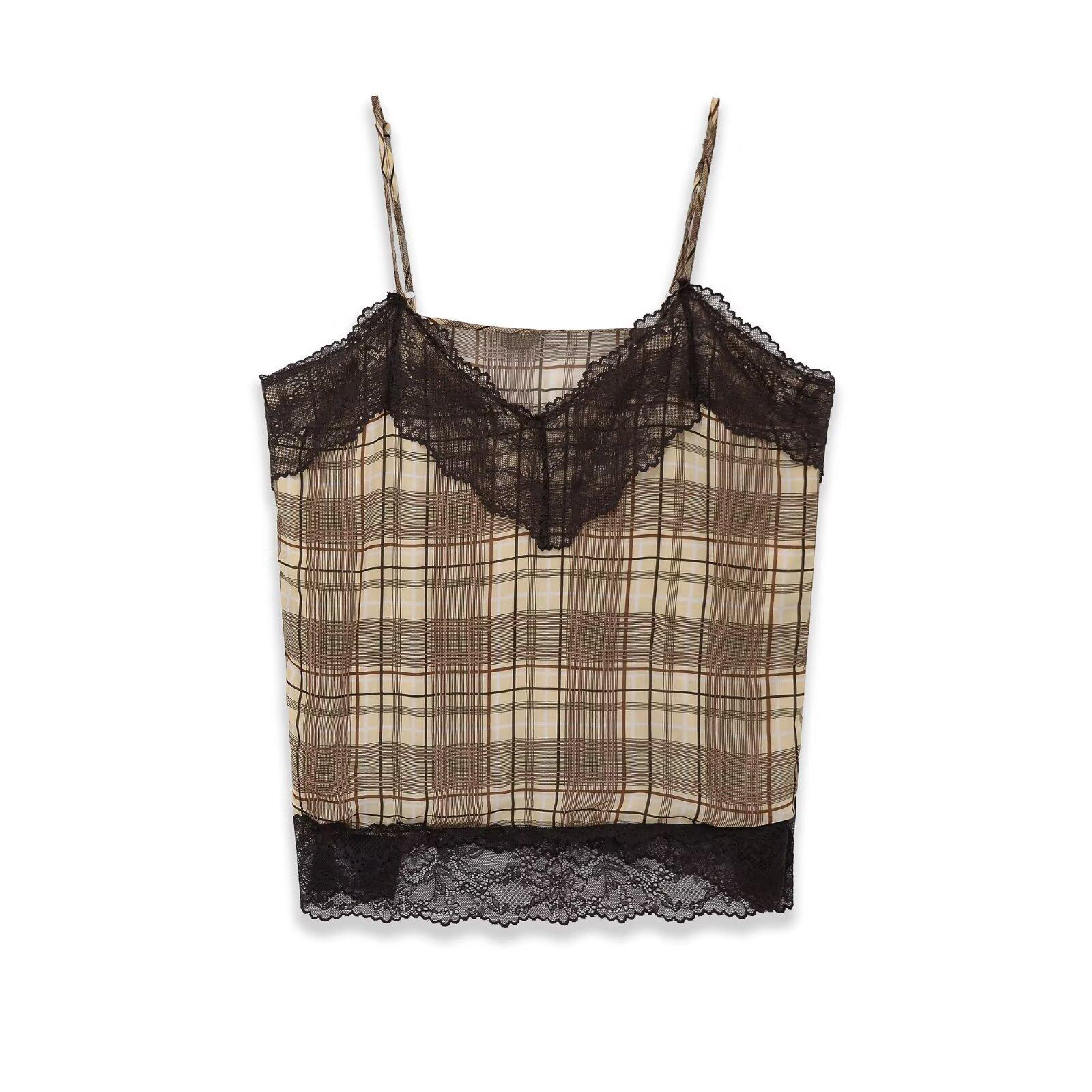 European and American style, new women s clothing, loose lace splicing plaid sling vest 3666060 S