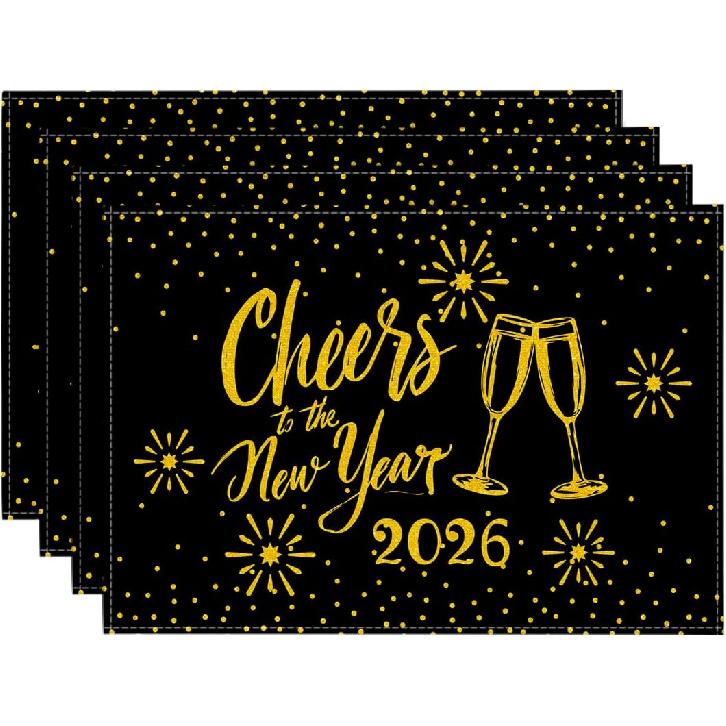 Artoid Mode Black and Gold Cheers to The 2026 New Year Placemats Set of 4, 12x18 Inch Festival Winter Table Mats for Party Kitchen Dining Decoration