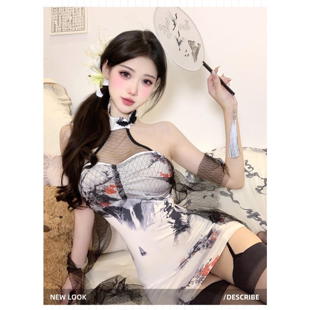 Night Crisp Sexy Underwear, Newly Improved Printed Landscape Cheongsam, Backless Slim Slit Hip Skirt, Chinese Style National Style Nightdress