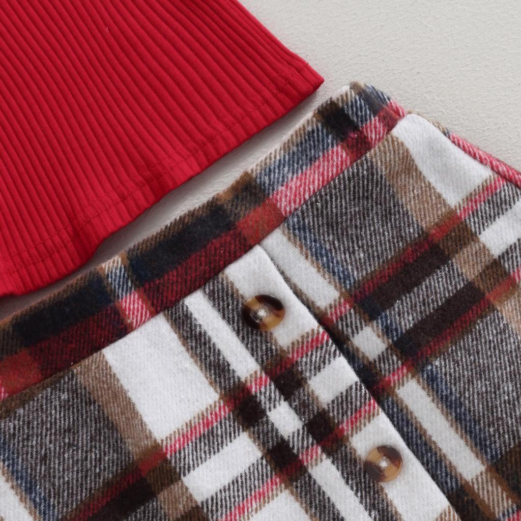 Mädchen-Rock-Outfits, Strickoberteil mit Laternenärmeln und karierter Minirock-Set, 2-teilige Herbstkleidung für Party