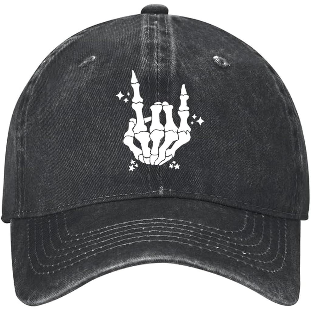 Skeleton Rock Hand Sign Baseball Cap Punk Cotton Washed Adjustable Hat for Men Women Outdoor