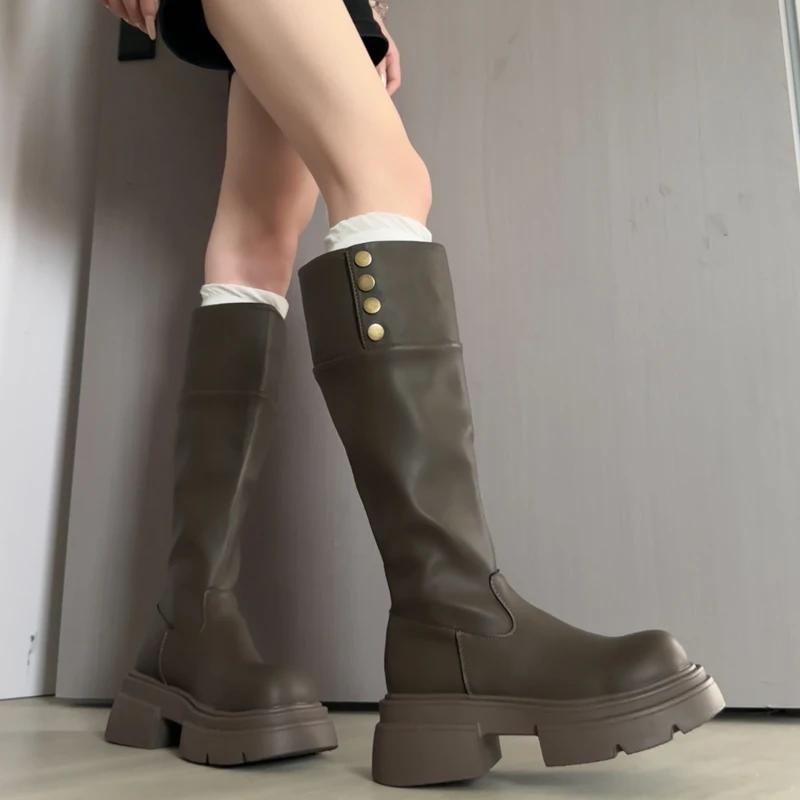 Zimní pouliční styl Dámské kozačky po koleno Módní platforma Boty se silnou podrážkou Dámské Punk Vintage Dlouhé kotníkové boty Zapatos De Muje