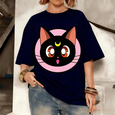 Sailor Moon Luna Katze Anime Print Baumwolle T-Shirt Damen Unisex Lässig Kurzarm Sommer Oberteile Locker Streetwear T-Shirt Mode