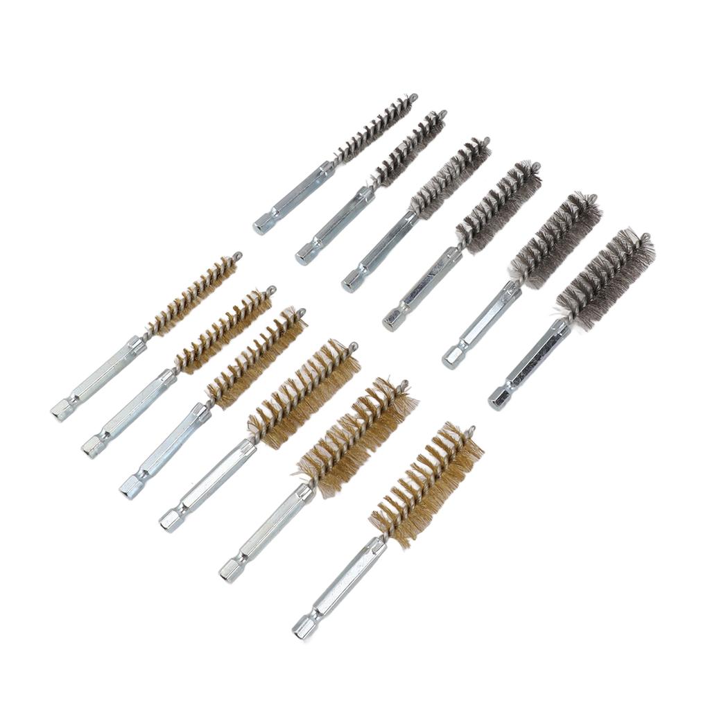12PCS Bore Brush Copper and Iron 304 Stainless Steel Bristles Wire Brush for Power Drill with Hex