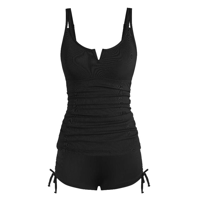 Damen V-Draht Tankini Badeanzüge Bauchkontrolle Raffiniertes Oberteil Zweiteiliger Badeanzug mit High-Waist Shorts