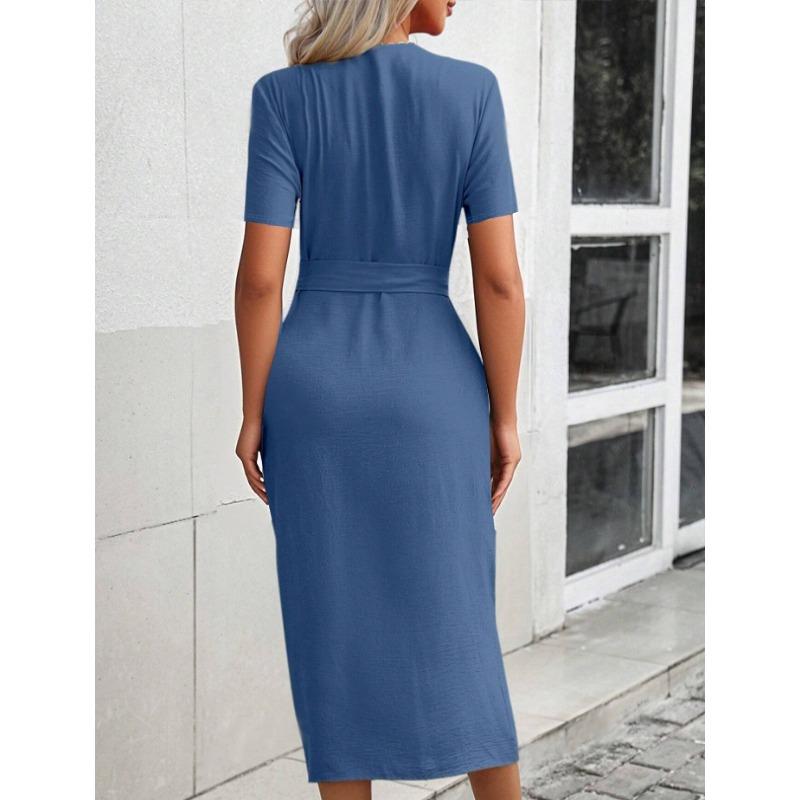 JKASHDK Damenmode Sommer Frühling Einfarbiger Druck Kurzarm V-Ausschnitt Hohe Taille Freizeitkleider