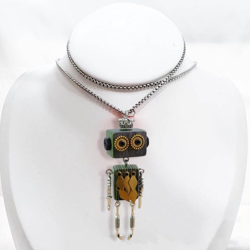 Wood Block Robot Pendant Necklace Adjustable Length Punk Neckchain Stylish Leather Cord Accessory Fade Resistant Chokers