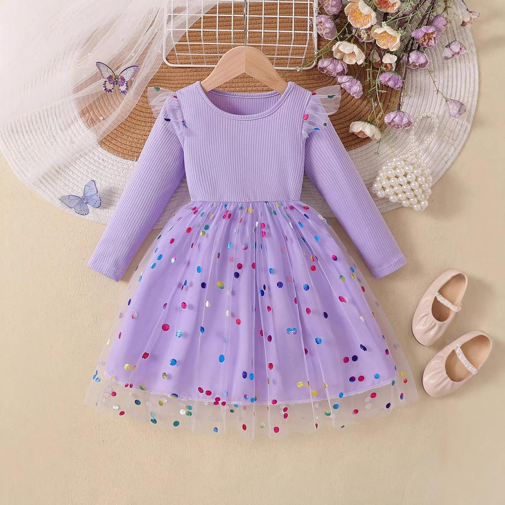 Sweet Girls' Dress Spring/Fall Children's Fashion Long-Sleeve Sequin Mesh Dress