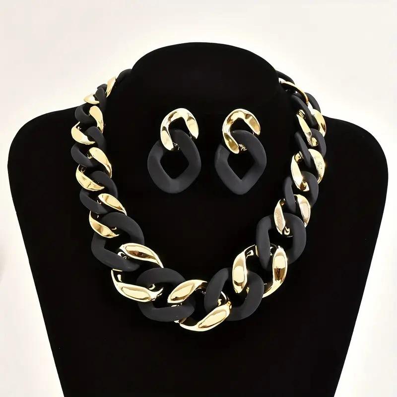 Women Geometric Link Jewelry Set Metal Necklace Earrings Matching Jewelry Kit