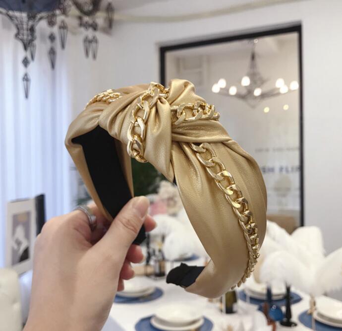 New Fashion Leather Headband Women Soft PU Hairband Gold Alloy Chain Headwear Wide Side Solid Headwear Autumn Hair Accessories