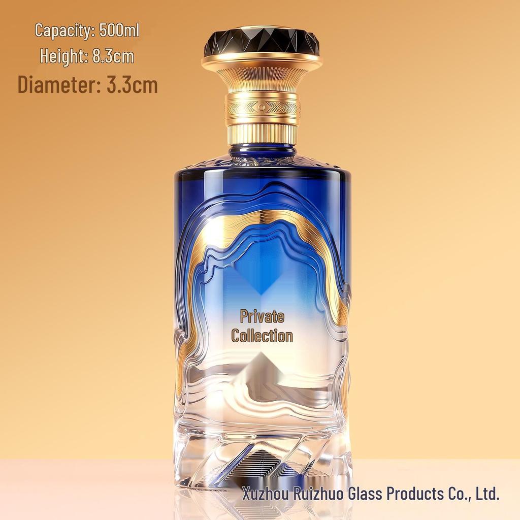 Embossed Transparent Glass Wine Bottle - Empty, High-Grade, Sealed Mountain Base for Baijiu Collection and Portioning (1 Jin Capacity)