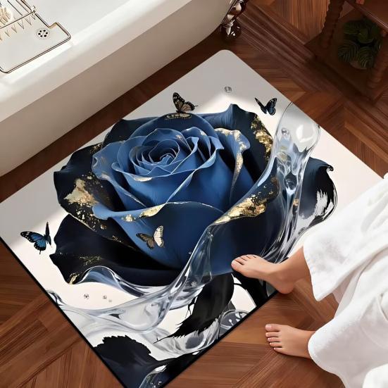 Yousheng 3D Rose Fußmatte Blumenmuster Rutschfeste Badematte Realistische Rose und Schmetterlinge Badezimmerteppich für Eingang Schlafzimmer Wohnzimmer