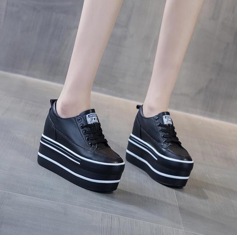 Autumn 10.5Cm High Thick Heel Platform Flats Women Casual Shoes Genuine Leather Soft Quality Casual Shoe Sneakers White Black