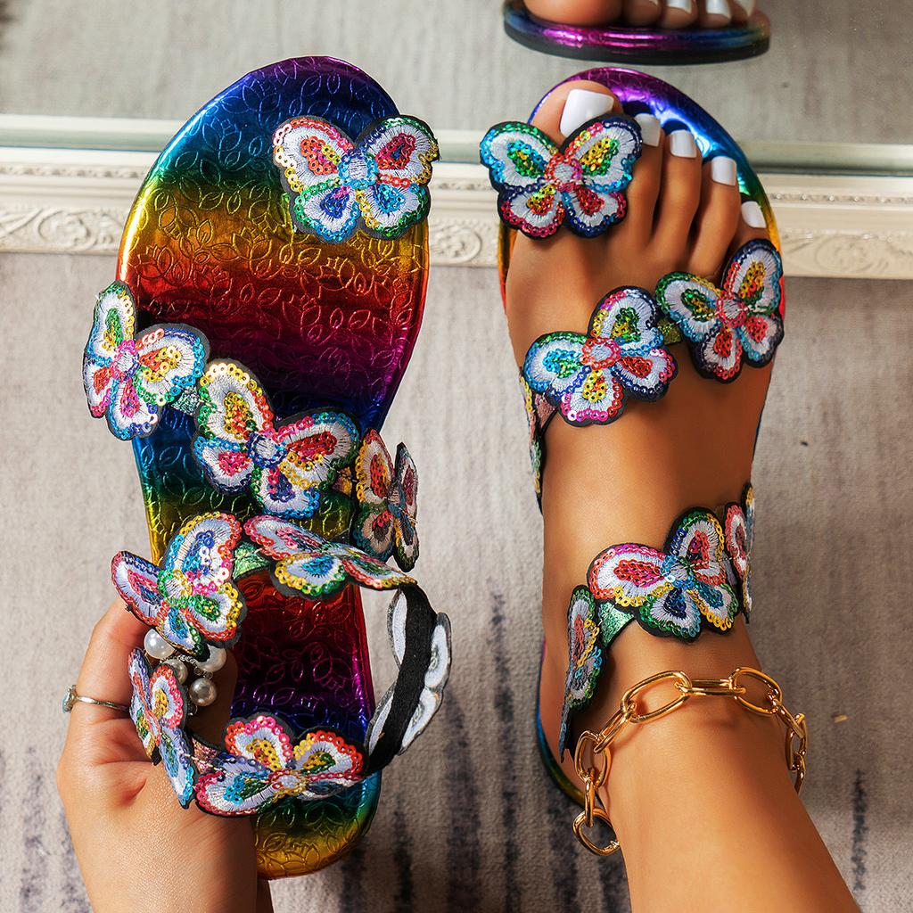 Dámské ploché sandály s motýlí dekorací, ležérní letní boty s kulatou špičkou, lehké nazouvací sandály