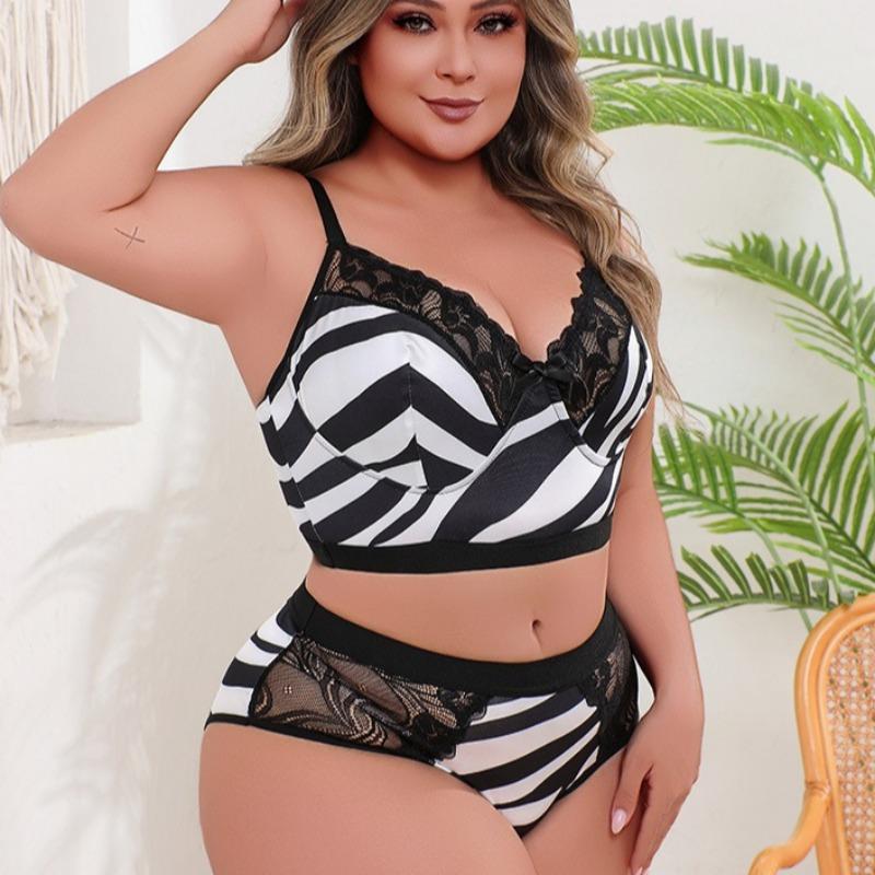 Set Lenjerie Sexy Dantelă Imprimeu Zebră Mărimi Mari Femei Sutien cu Susținere Adunată și Chiloți Set Două Piese